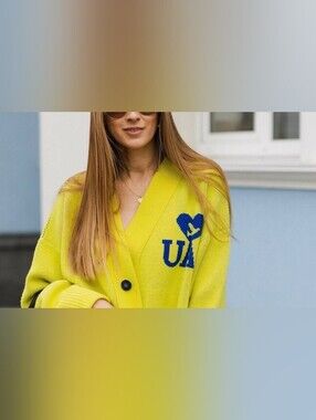 RARE Vika Adamskaya Luxury Oversized Yellow Knit Cardigan UA Blue Heart OS